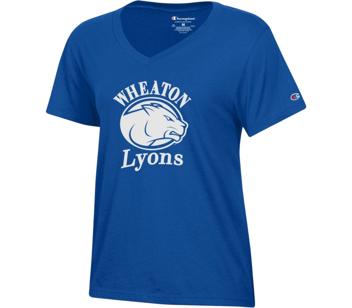 blue t-shirt that says, "Wheaton Lyons" with a lion's head